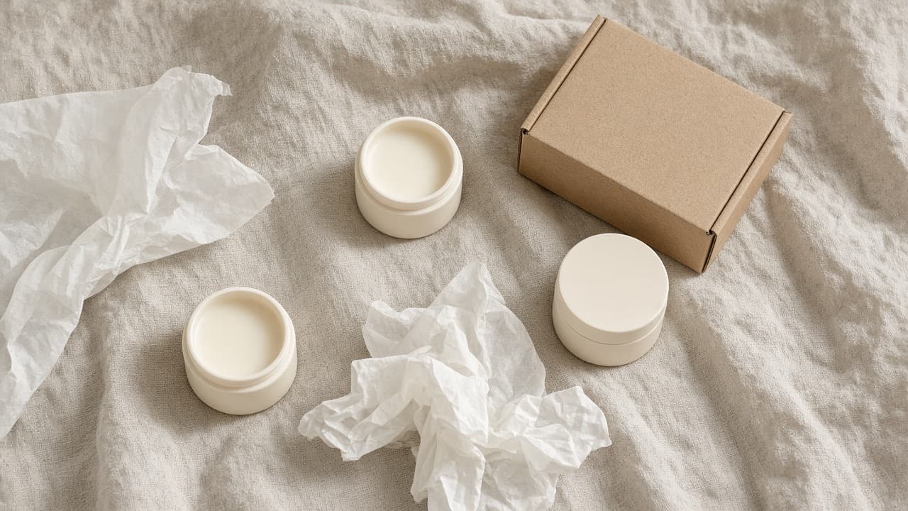A few cream jars and a cardboard box on linen — samples packed to send to creators.