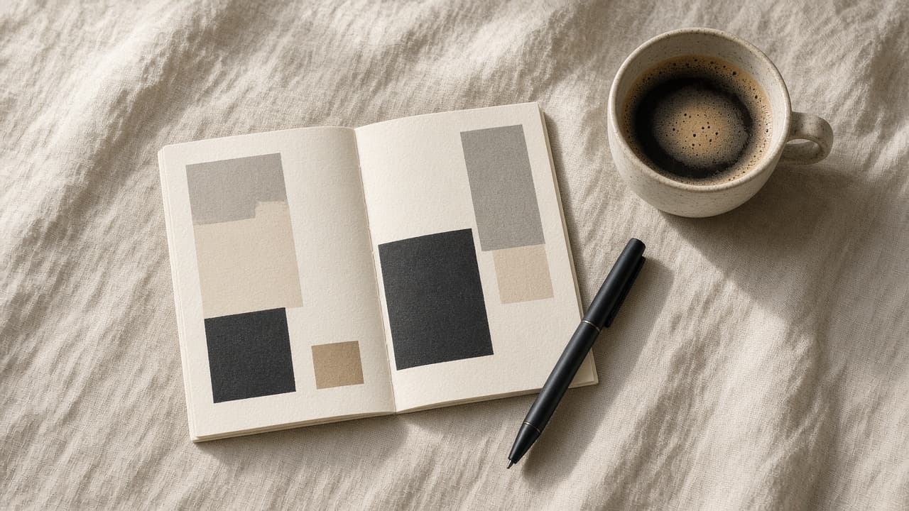 An open notebook, a pen, and coffee on linen — a simple ebook as a knowledge product.