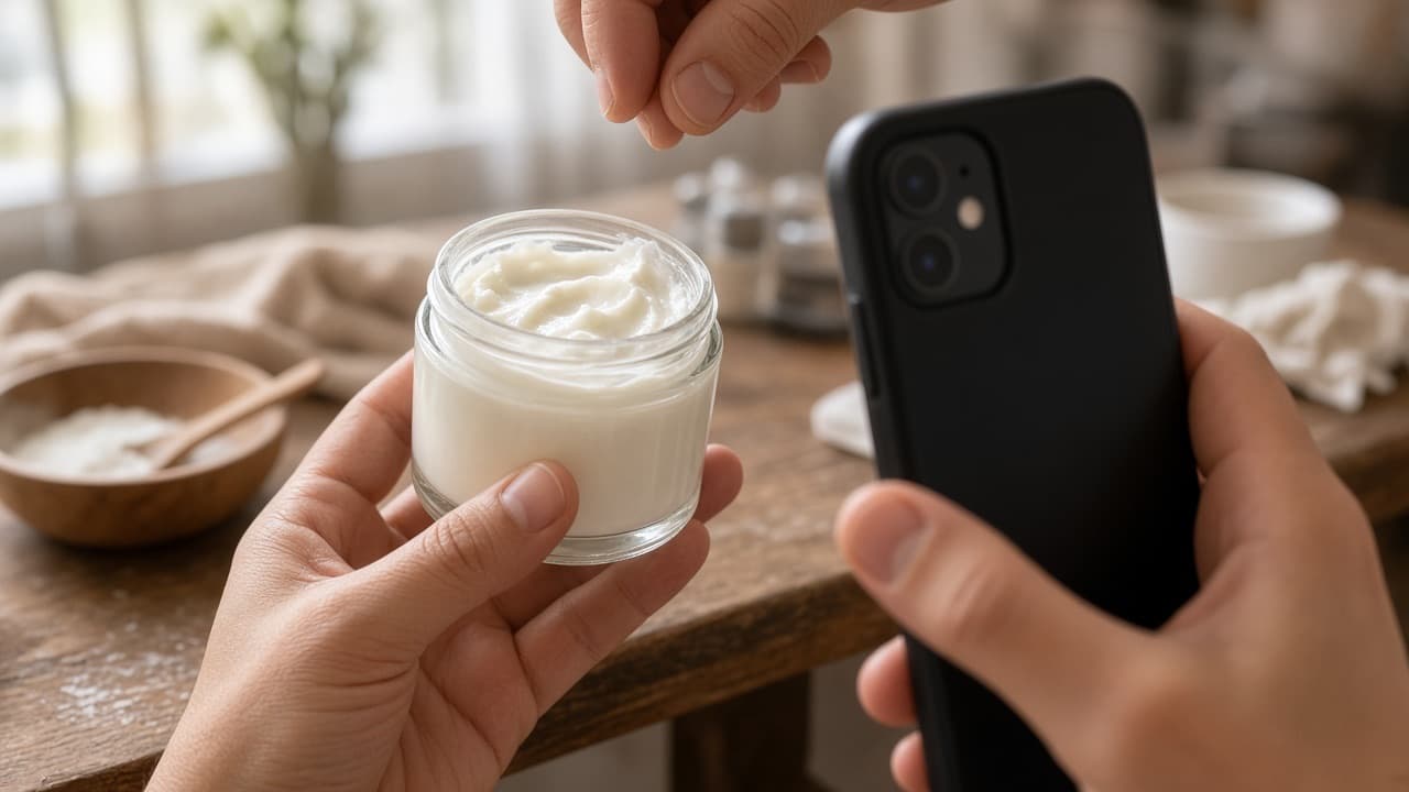 Hands filming an open jar of cream with a phone — a native frame for TikTok Shop.