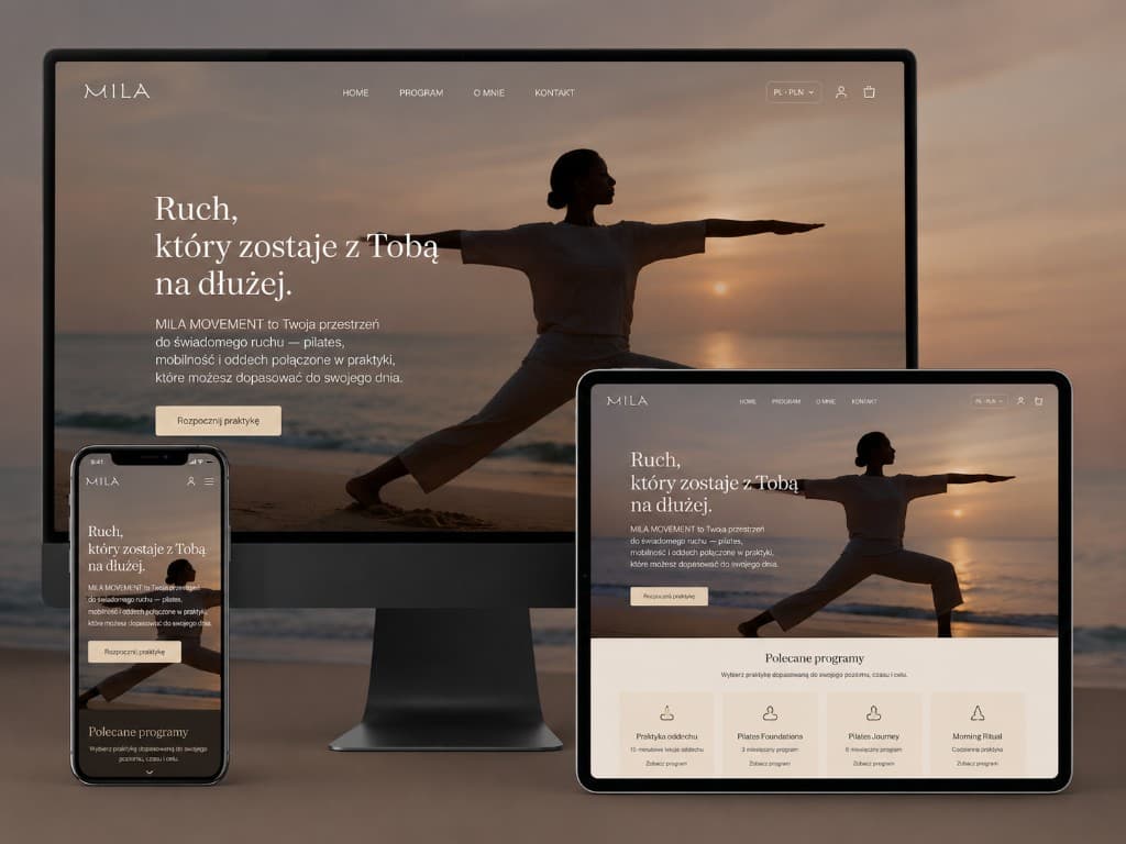 Branded creator website on desktop, tablet, and phone — hero, programs, and member experience.
